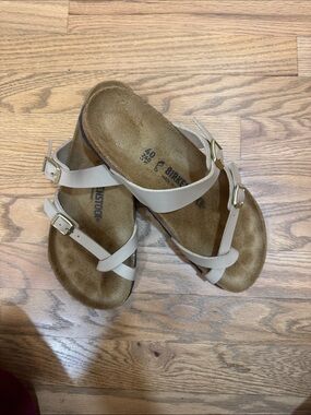Birkenstock Beige Leather Mayori BirkoflorDouble-Strap Sandals Gold Buckles